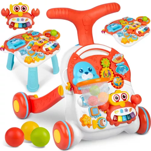 Járássegítő játék, Ricokids RK-810, fehér-piros, 3 az 1-ben, multifunkciós, 42 x 42 x 50,5 cm, járássegítő, blokkolható csúszásgátló kerekek, elemes (3 x AAA)