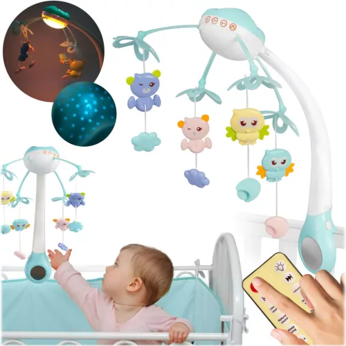 Oktatójáték, Ricokids RK-813, kék, zenélő forgó, távirányítós, projektoros, 13 dallam, időzíthető: 10/20/30 perc, elemes (3 x AAA, nem tartozék)
