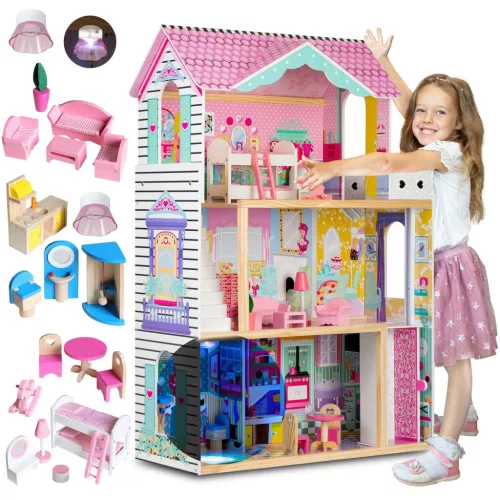 Fa babaház, Ricokids, házikó, 120 x 32 x 83 cm, 3 szint, 9 szoba, 15 db bútorral, lifttel