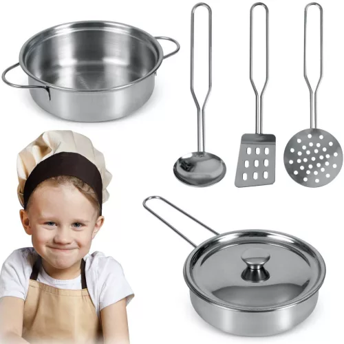 Játékkonyha kiegészítő készlet, Ricokids, konyhai edények és eszközök, 5 db, fém, lábas, fazék, merőkanál, spatula, szűrő