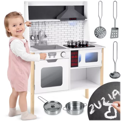 Játékkonyha, Ricokids RC-846, 95 x 70 x 29,5 cm, fa és MDF, interaktív elemekkel, LED világítással és főzési hangokkal