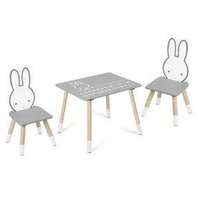  Fa játékasztal, Ricokids RC-847, asztal + 2 szék, fa és MDF, nyuszi motívum, ábécés asztallap, UV-álló, nem mérgező festék, 80 kg teherbírás