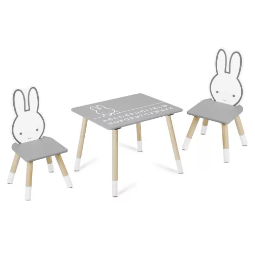 Fa játékasztal, Ricokids RC-847, asztal + 2 szék, fa és MDF, nyuszi motívum, ábécés asztallap, UV-álló, nem mérgező festék, 80 kg teherbírás