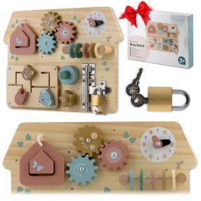   Fa szenzoros fajáték, Nukido NK-859, Montessori-inspirált, készségfejlesztő, zárakkal és fogaskerekekkel, EN71 tanúsítvánnyal