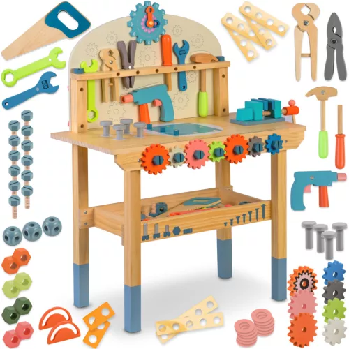 Fa játékasztal, Ricokids RK-876, gyerek munkapad szerszámkészlettel, Montessori ihletésű, készségfejlesztő (TE787600)