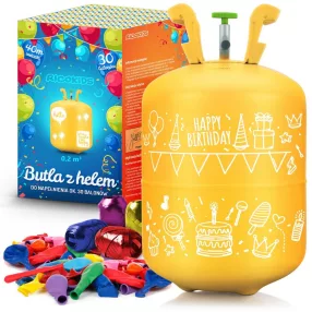  Hélium 30 db lufi felfújásához, Ricokids, sárga, 0,2 m3 héliumtartály, 30 db vegyes színű lufival, 40 m szalag, egyszer használatos palack, hordozható, nyomáscsökkentővel