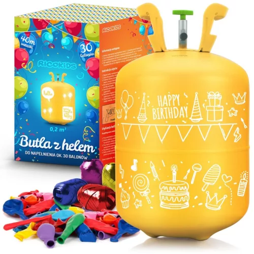 Hélium 30 db lufi felfújásához, Ricokids, sárga, 0,2 m3 héliumtartály, 30 db vegyes színű lufival, 40 m szalag, egyszer használatos palack, hordozható, nyomáscsökkentővel