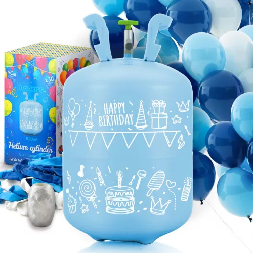 Hélium 30 db lufi felfújásához, Ricokids, kék, 0,2 m3 héliumtartály, 30 db vegyes színű lufival, 40 m szalag, egyszer használatos palack, hordozható, nyomáscsökkentővel