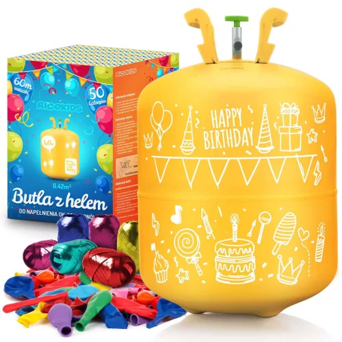 Hélium 50 db lufi felfújásához, Ricokids, sárga, 0,42 m3 héliumtartály, 50 db vegyes színű lufival, 60 m szalag, egyszer használatos palack, hordozható, nyomáscsökkentővel