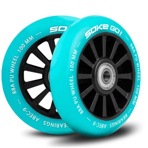 Roller kerék szett, SOKE, türkiz, 10 cm, 2 db, ABEC-9 csapágy, 88A keménységű PU, 0,8 cm tengely