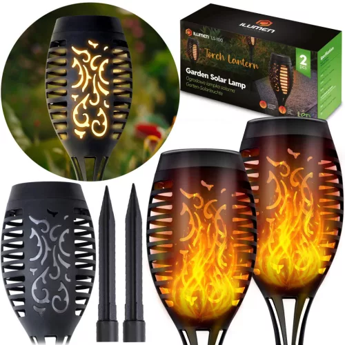 Napelemes kerti lámpa, Ilumen LS-100, fekete, magasság: 52 cm, LED-es, akkumulátoros, amorf napelem, IPX4 vízálló, fényérzékelős, fáklya forma, 2 db