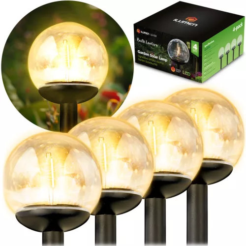 Napelemes kerti lámpa, Ilumen LS-103, átlátszó, magasság: 39 cm, gömb alakú, LED-es, akkumulátoros, IPX4 vízálló, fényérzékelős, automatikus éjszakai kapcsolás, 4 db