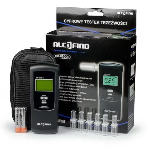 Alkoholteszter, szonda, Alcofind DA-8500E, elektrokémiai technológia, 100 db egyszer használatos fúvóka, 12 hónapig ingyenes kalibrálás