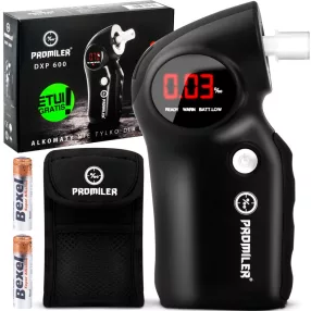  Alkoholteszter, szonda, Promiler DXP-600, fekete, félvezetős érzékelő, piros LED kijelző, hordtáskával, automatikus kikapcsolás, elemes (2 x AA - tartozék)