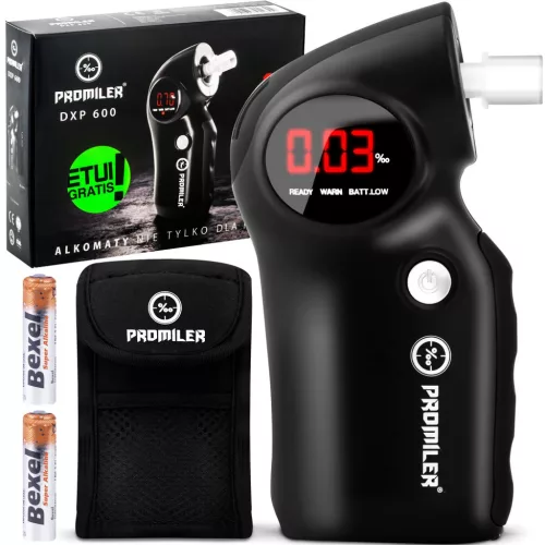 Alkoholteszter, szonda, Promiler DXP-600, fekete, félvezetős érzékelő, piros LED kijelző, hordtáskával, automatikus kikapcsolás, elemes (2 x AA - tartozék)