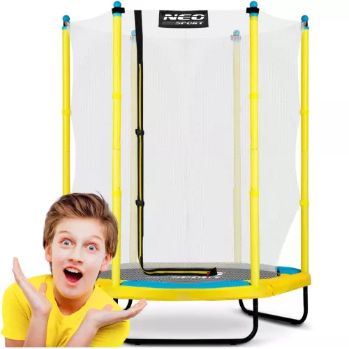 Kerti trambulin, Neo-Sport, sárga/fekete, átmérő: 140 cm, kerek, magasság: 36 cm, 150 cm külső védőháló, acél váz, 3 dupla láb, 50 kg teherbírás, 36 db rugó