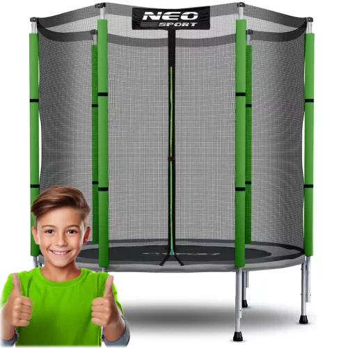 Kerti trambulin, Neo-Sport, fekete/zöld, átmérő: 140 cm, kerek, magasság: 36 cm, 150 cm külső védőháló, acél váz, 6 láb, 50 kg teherbírás, 30 db rögzítőhorog