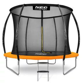   Kerti trambulin, Neo-Sport, fekete/narancssárga, átmérő: 252 cm, kerek, magasság: 55 cm, 180 cm belső védőháló, létra, acél váz, 3 dupla láb, 100 kg teherbírás, 42 db rugó, íves oszlopok