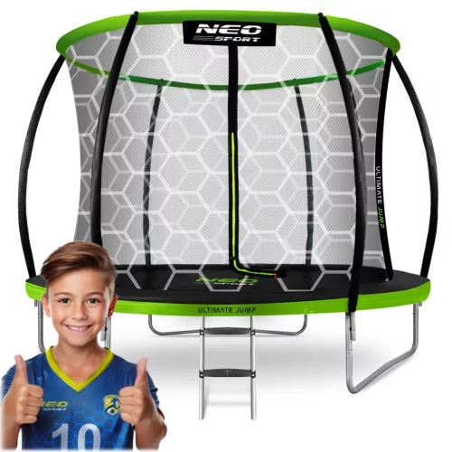 Kerti trambulin, Neo-Sport, fekete/zöld, átmérő: 252 cm, kerek, magasság: 55 cm, 180 cm belső védőháló, létra, acél váz, 3 dupla láb, 100 kg teherbírás, 42 db rugó, íves fekete oszlopok