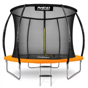   Kerti trambulin, Neo-Sport, fekete/narancssárga, átmérő: 312 cm, kerek, magasság: 65 cm, 180 cm belső védőháló, létra, acél váz, 3 dupla láb, 150 kg teherbírás, 54 db rugó, íves oszlopok