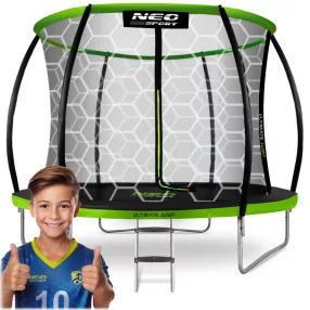  Kerti trambulin, Neo-Sport, fekete/zöld, átmérő: 312 cm, kerek, magasság: 65 cm, 180 cm belső védőháló, létra, acél váz, 3 dupla láb, 150 kg teherbírás, 54 db rugó, íves oszlopok
