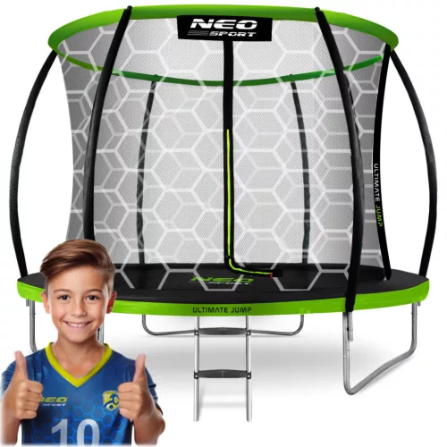 Kerti trambulin, Neo-Sport, fekete/zöld, átmérő: 312 cm, kerek, magasság: 65 cm, 180 cm belső védőháló, létra, acél váz, 3 dupla láb, 150 kg teherbírás, 54 db rugó, íves oszlopok