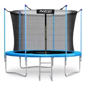   Kerti trambulin, Neo-Sport, fekete/kék, átmérő: 312 cm, kerek, magasság: 65 cm, 180 cm belső védőháló, létra, acél váz, 3 dupla láb, 150 kg teherbírás, 54 db rugó, kék oszlopok