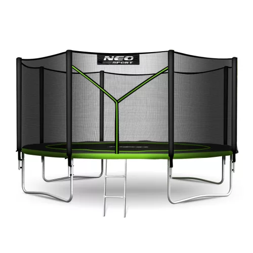 Kerti trambulin, Neo-Sport, fekete/zöld, átmérő: 374 cm, kerek, magasság: 80 cm, 180 cm külső védőháló, létra, acél váz, 4 dupla láb, 150 kg teherbírás, 64 db rugó