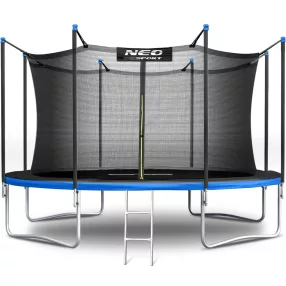   Kerti trambulin, Neo-Sport, fekete/kék, átmérő: 465 cm, kerek, magasság: 80 cm, 180 cm belső védőháló, létra, acél váz, 4 dupla láb, 150 kg teherbírás, 90 db rugó, fekete oszlopok