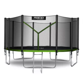   Kerti trambulin, Neo-Sport, fekete/zöld, átmérő: 465 cm, kerek, magasság: 90 cm, 180 cm külső védőháló, létra, acél váz, 5 dupla láb, 150 kg teherbírás, 90 db rugó