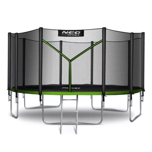 Kerti trambulin, Neo-Sport, fekete/zöld, átmérő: 465 cm, kerek, magasság: 90 cm, 180 cm külső védőháló, létra, acél váz, 5 dupla láb, 150 kg teherbírás, 90 db rugó