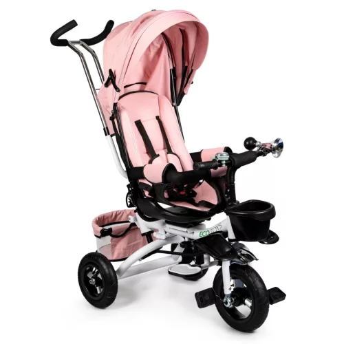 Háromkerekű tricikli, ECOTOYS JM-068-17, rózsaszín, forgatható ülés, levehető napellenző, szülőkormány, 5 pontos biztonsági öv, karfa, dönthető háttámla, tartós kerekek, teherbírás: 25 kg