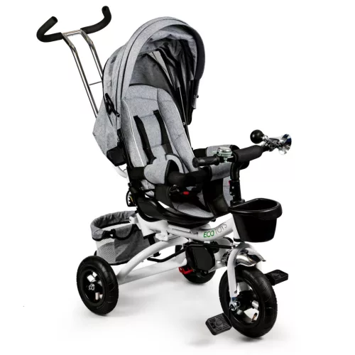 Háromkerekű tricikli, ECOTOYS JM-068-17, szürke, forgatható ülés, levehető napellenző, szülőkormány, 5 pontos biztonsági öv, karfa, dönthető háttámla, tartós kerekek, teherbírás: 25 kg