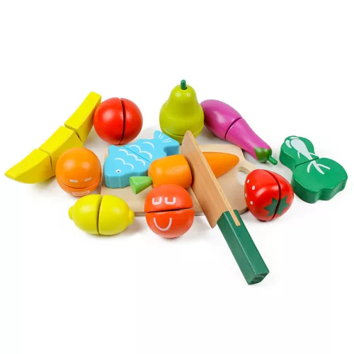 Játék élelmiszerkészlet, ECOTOYS HM015202, zöldségek, gyümölcsök, 13 db, tépőzáras, biztonságos kés és vágódeszka