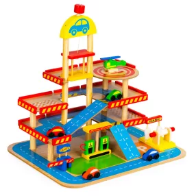   Játék parkolóház, ECOTOYS HM013290, fa, 3 szintes, 50 x 39,5 x 47 cm, mozgó felvonóval, 4 autóval és helikopterrel, autómosóval és benzinkúttal