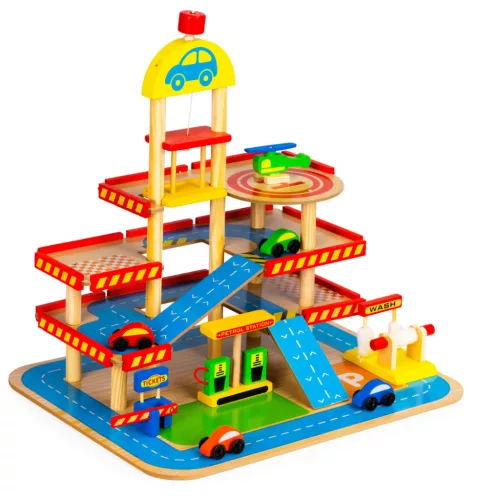 Játék parkolóház, ECOTOYS HM013290, fa, 3 szintes, 50 x 39,5 x 47 cm, mozgó felvonóval, 4 autóval és helikopterrel, autómosóval és benzinkúttal