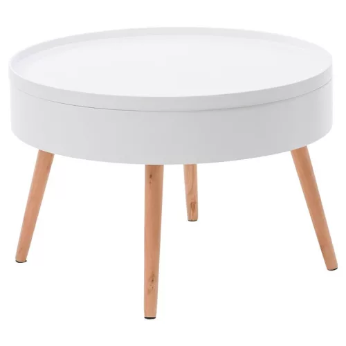 Dohányzóasztal, ModernHome FH-CT0210, fehér, átmérő: 60 cm, kör alakú, magasság: 40 cm, levehető tető, fenyőfa lábak