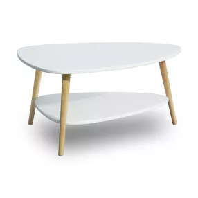   Dohányzóasztal, ModernHome FH-CT0211, fehér, 90 x 67 cm, háromszög alakú, magasság: 45 cm, 2 szintes, fenyőfa lábak, MDF asztallap, padlóvédő talpak