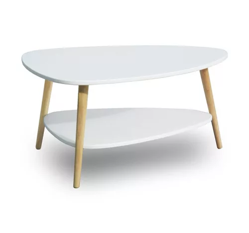 Dohányzóasztal, ModernHome FH-CT0211, fehér, 90 x 67 cm, háromszög alakú, magasság: 45 cm, 2 szintes, fenyőfa lábak, MDF asztallap, padlóvédő talpak