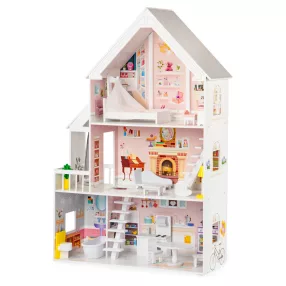   Fa babaház, ECOTOYS 4127, XXL kastély, 81,5 x 30 x 126 cm, 3 szint, 5 szoba, 15 db fa bútorral, erkéllyel
