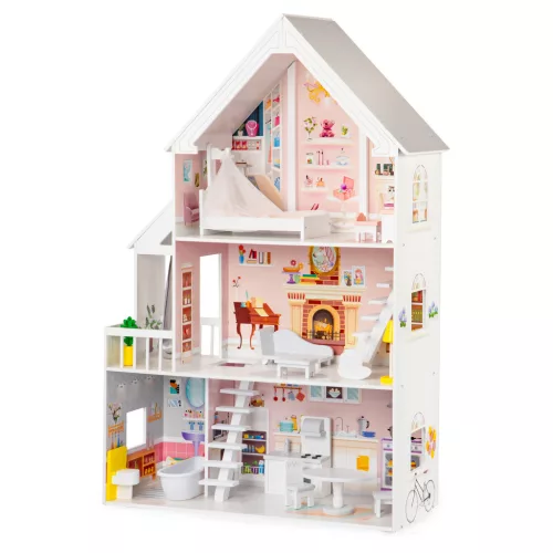Fa babaház, ECOTOYS 4127, XXL kastély, 81,5 x 30 x 126 cm, 3 szint, 5 szoba, 15 db fa bútorral, erkéllyel