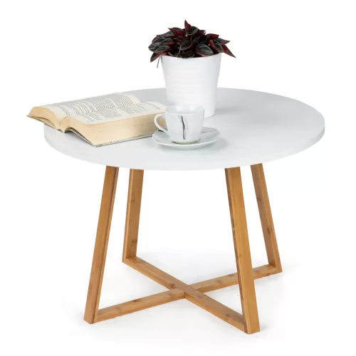 Dohányzóasztal, ModernHome RH1902-04, fehér, átmérő: 60 cm, kör alakú, magasság: 40 cm, fa lábak, MDF asztallap