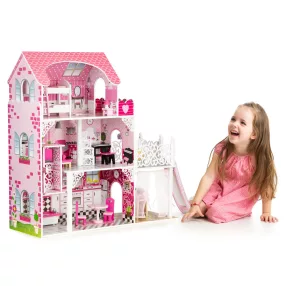   Fa babaház, ECOTOYS TL49059, 89 x 32,5 x 90 cm, 3 szint, 7 szoba, 16 db bútor, lifttel és csúszdával, terasszal és grillezővel, 3 éves kortól
