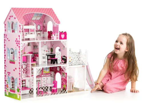 Fa babaház, ECOTOYS TL49059, 89 x 32,5 x 90 cm, 3 szint, 7 szoba, 16 db bútor, lifttel és csúszdával, terasszal és grillezővel, 3 éves kortól