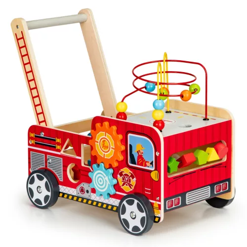 Járássegítő játék, ECOTOYS TL09025, Tűzoltóautó, 46 x 28 x 41,5 cm, fa, többfunkciós, formaválogatóval és 6 db kockával, gyöngylabirintussal
