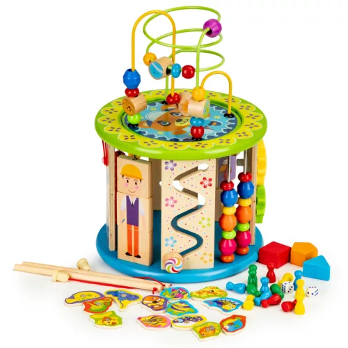 Multifunkciós montessori fa oktató játék, ECOTOYS HM179520, 21,5 x 21,5 x 17,5 cm, golyólabirintussal, órával, formabedobóval, fogaskerekekkel, mágneses horgászjátékkal