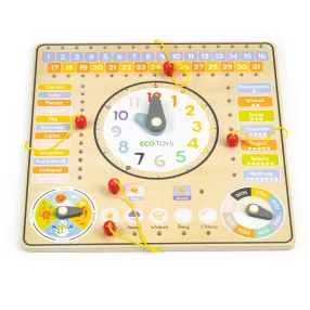   Oktatójáték, ECOTOYS ESC-W-036, Naptár és óra, 30 x 30 cm, fa, készségfejlesztő, színes grafikával, 3 éves kortól, lengyel feliratokkal