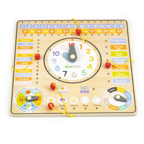 Oktatójáték, ECOTOYS ESC-W-036, Naptár és óra, 30 x 30 cm, fa, készségfejlesztő, színes grafikával, 3 éves kortól, lengyel feliratokkal