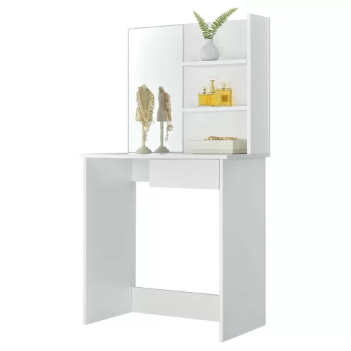 Sminkasztal, ModernHome PWSHT-21, fehér, 75 x 40 x 141 cm, tükör, 1 fiók, 2 polc, laminált bútorlap