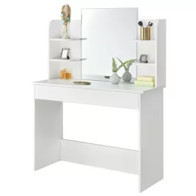   Fésülködőasztal, ModernHome PWSHT-20, 108 x 40 x 142 cm, fehér, nagy tükörrel, oldalsó polcokkal, rekeszes fiókkal